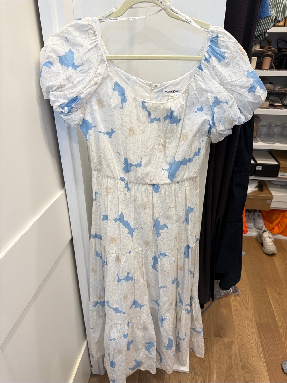 Calvin Klein White Dress with Light Blue Floral Pattern